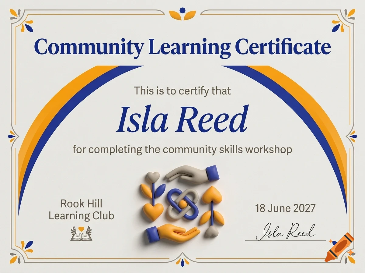 A Community Learning Certificate awarded to Isla Reed for completing the community skills workshop by Rook Hill Learning Club on 18 June 2027.