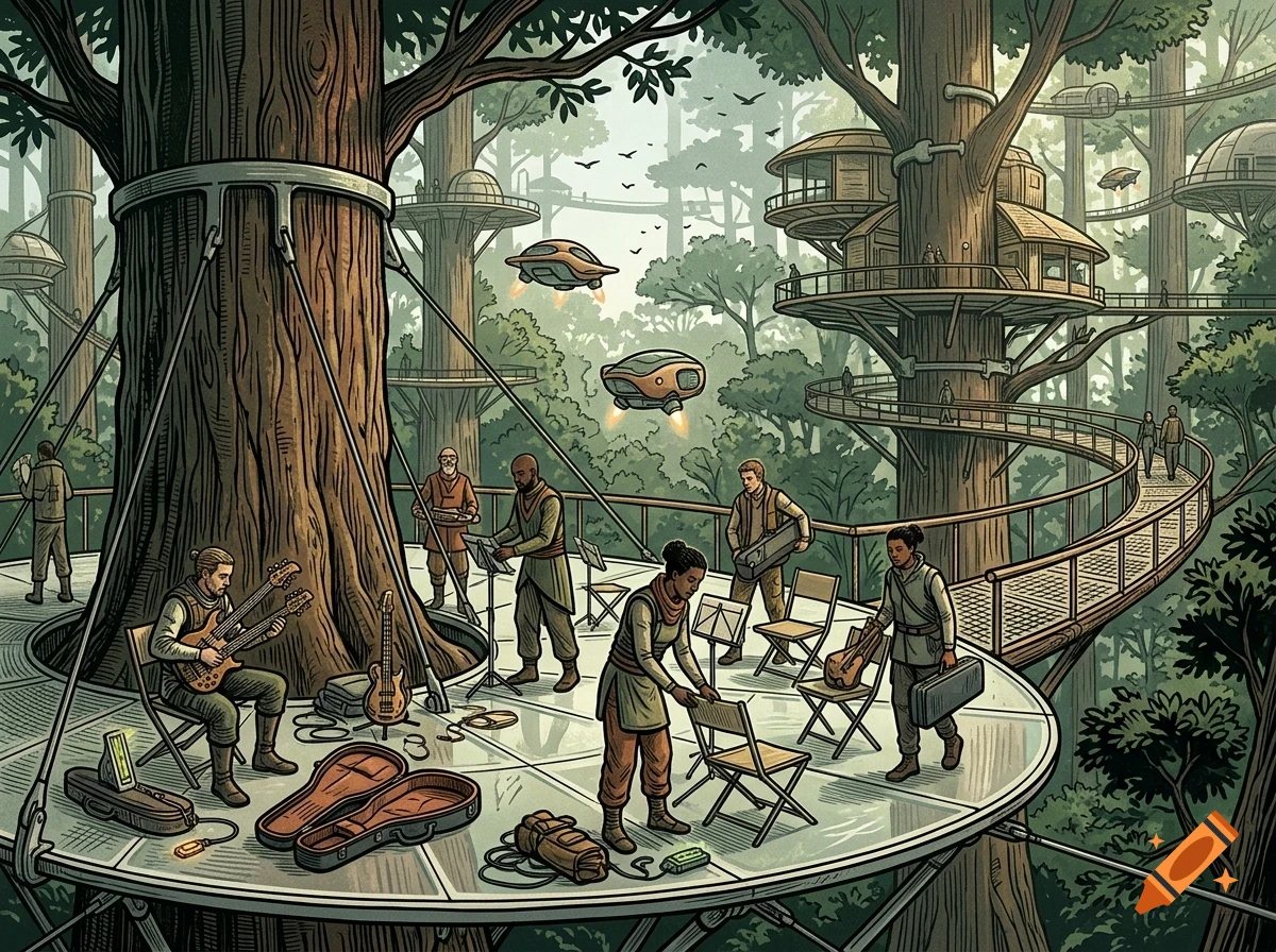 An illustrated scene of people setting up musical instruments on a circular platform connected to giant trees in a futuristic forest city with flying craft.