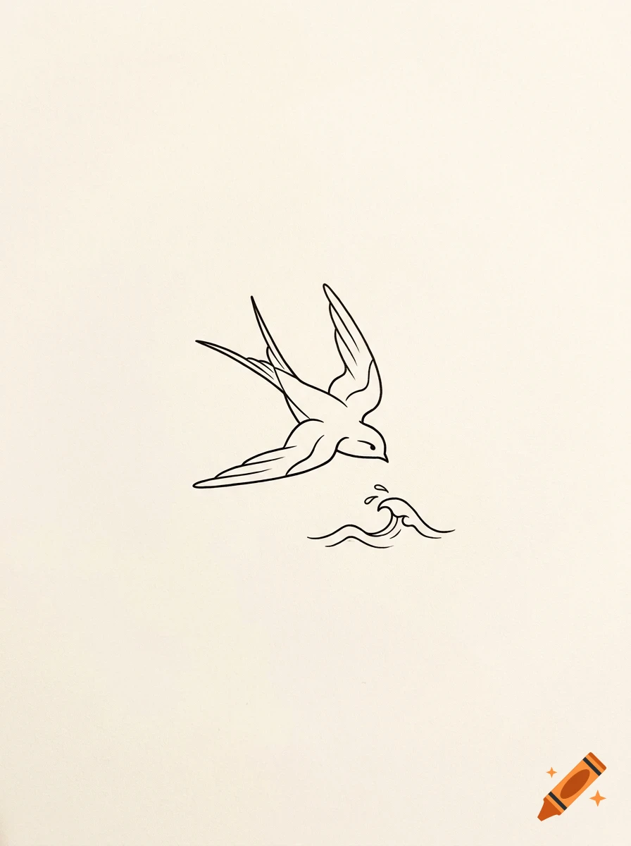 A minimal black line drawing of a swallow bird swooping down near water waves.