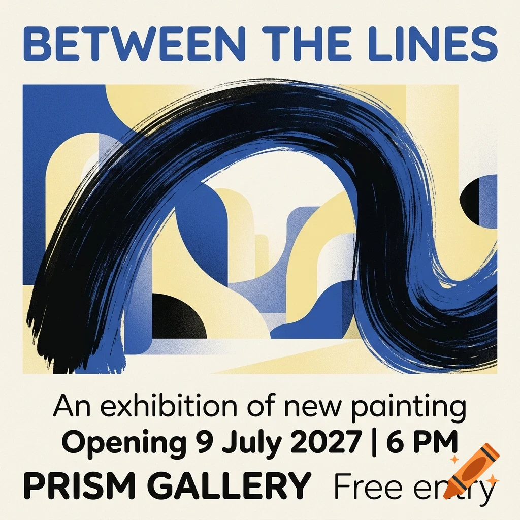 An exhibition poster titled BETWEEN THE LINES with abstract blue, yellow, and black shapes and event details for Prism Gallery.