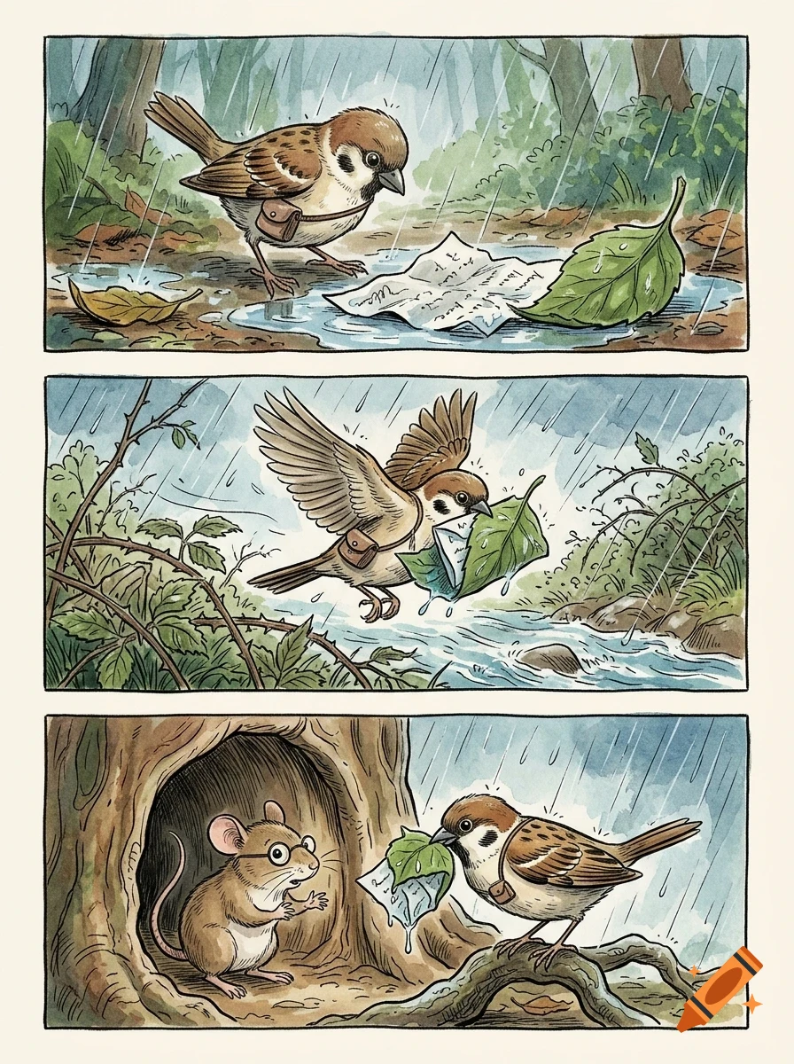 A comic strip showing a sparrow wearing a satchel rescuing a wet note with a leaf in the rain, then delivering it to a mouse wearing glasses near a hollow tree.