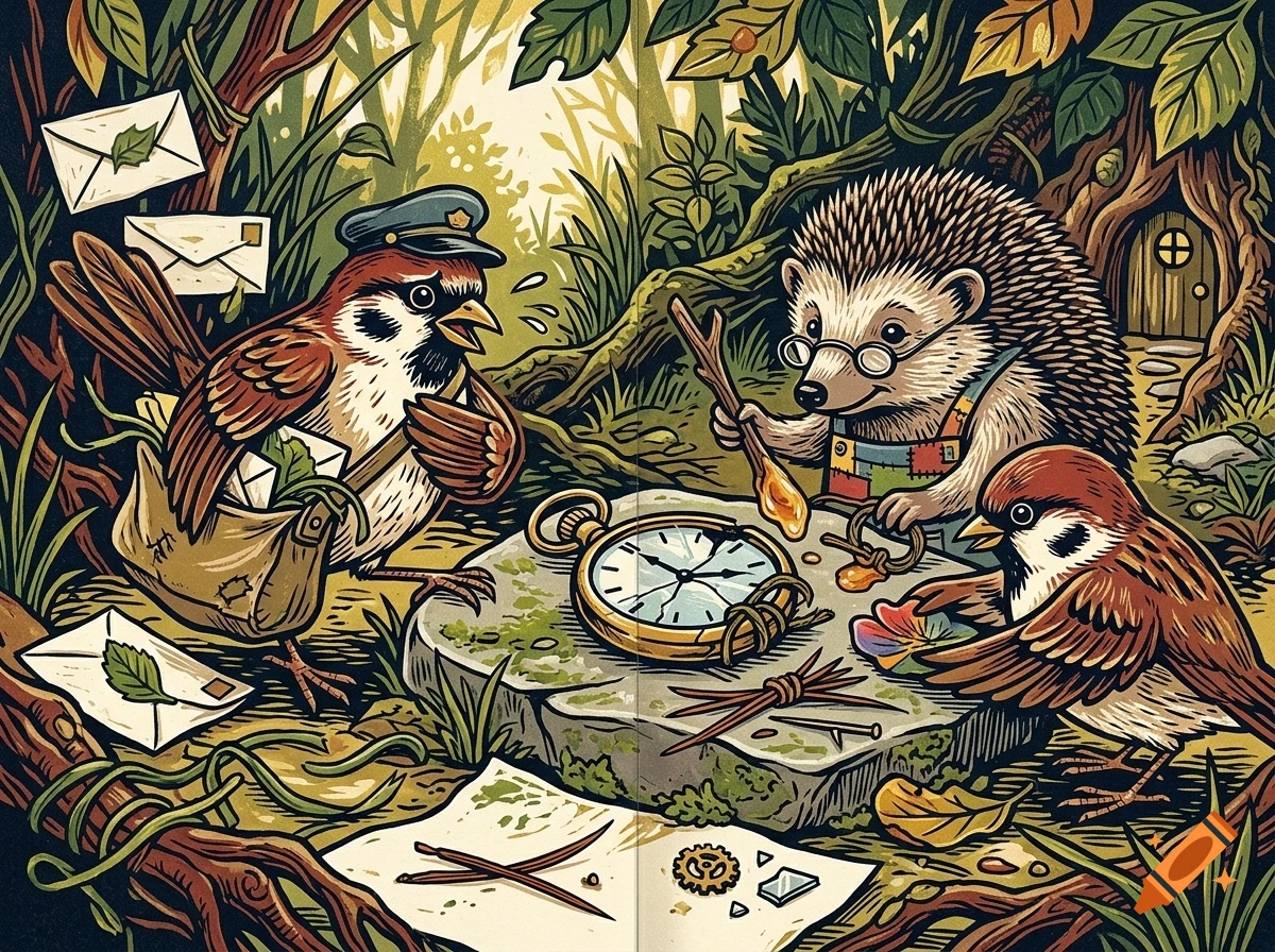 An illustrated woodland scene with anthropomorphic animals, including a hedgehog wearing glasses examining a pocket watch and two birds delivering mail.
