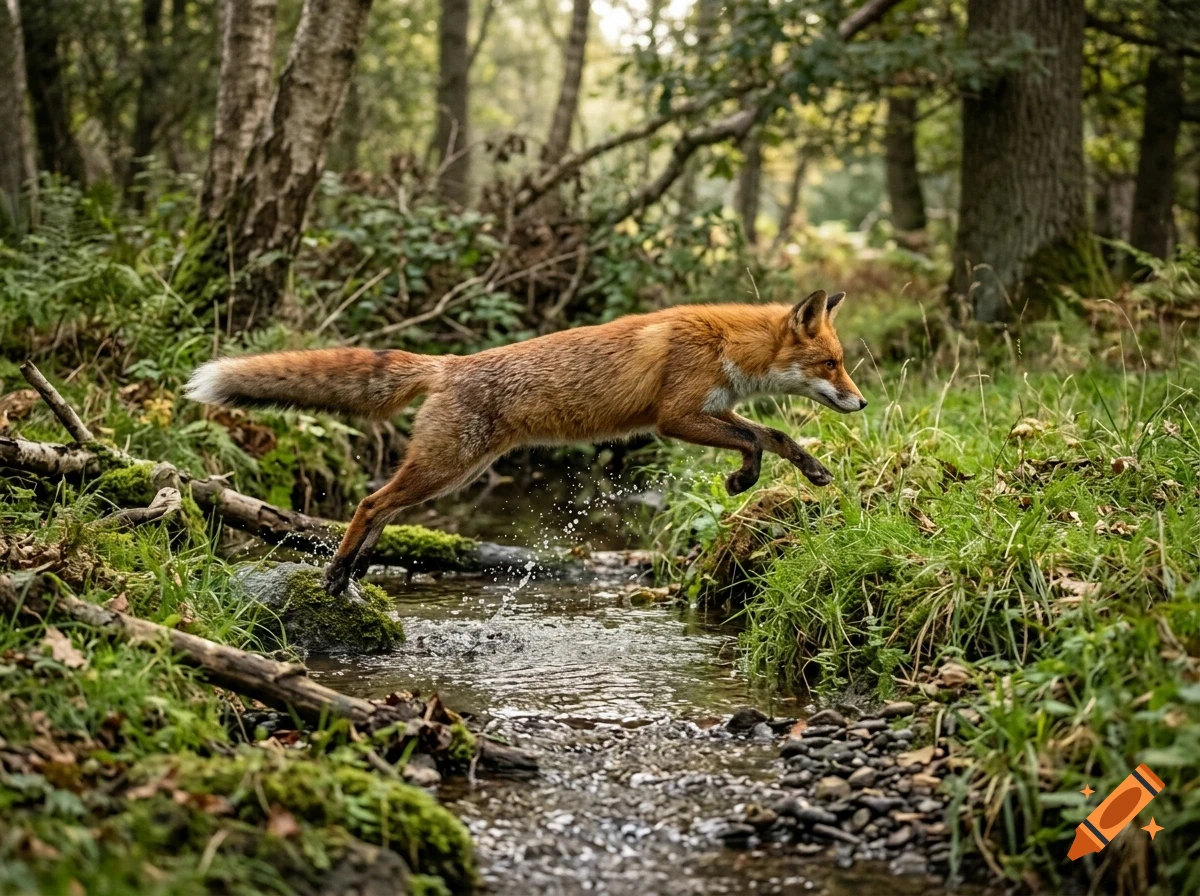 A red fox leaps over a small stream in a lush forest.