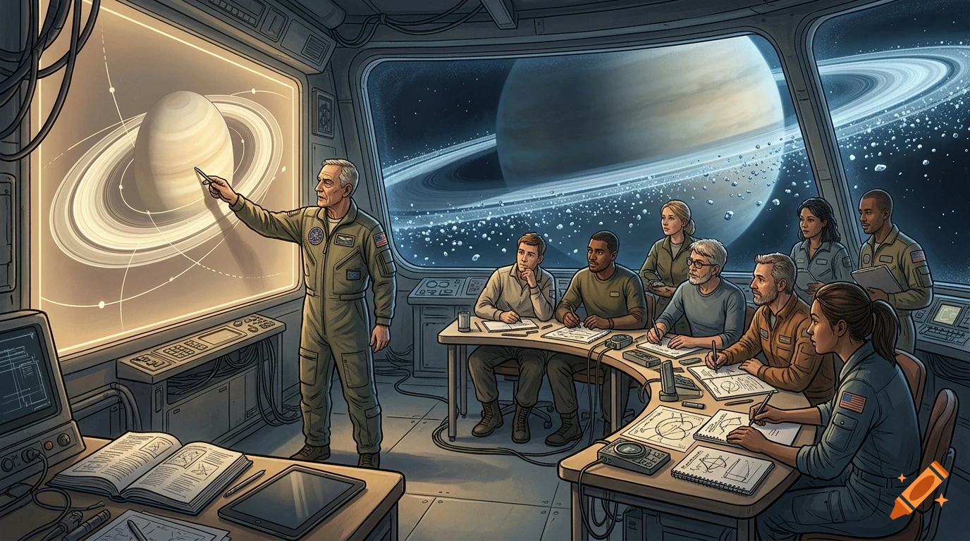 An instructor pointing at a diagram of Saturn while teaching a group of students in a spacecraft classroom with a view of space outside the window.