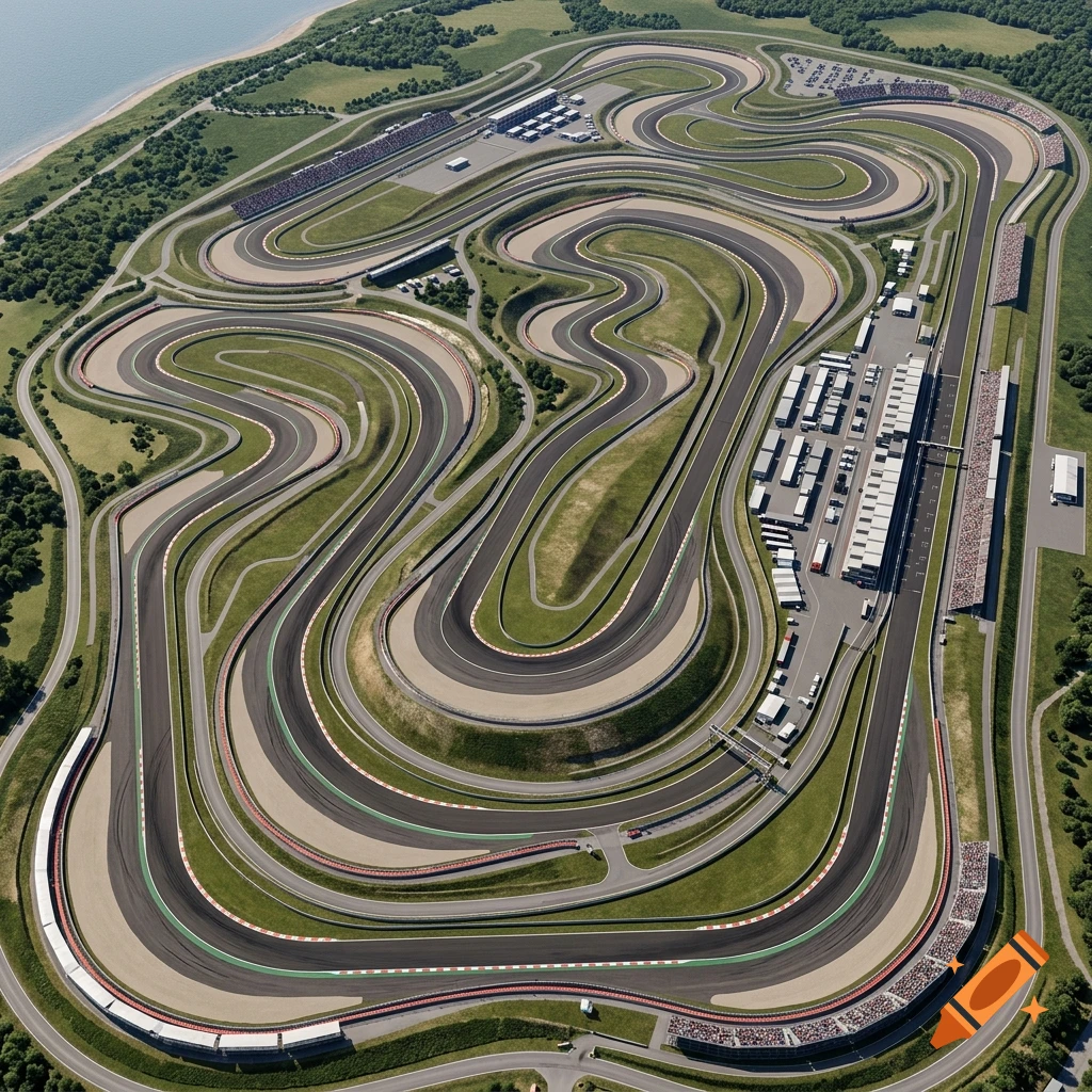 Aerial view of a complex F1 race track layout with curves, straights, and grandstands near a coast.