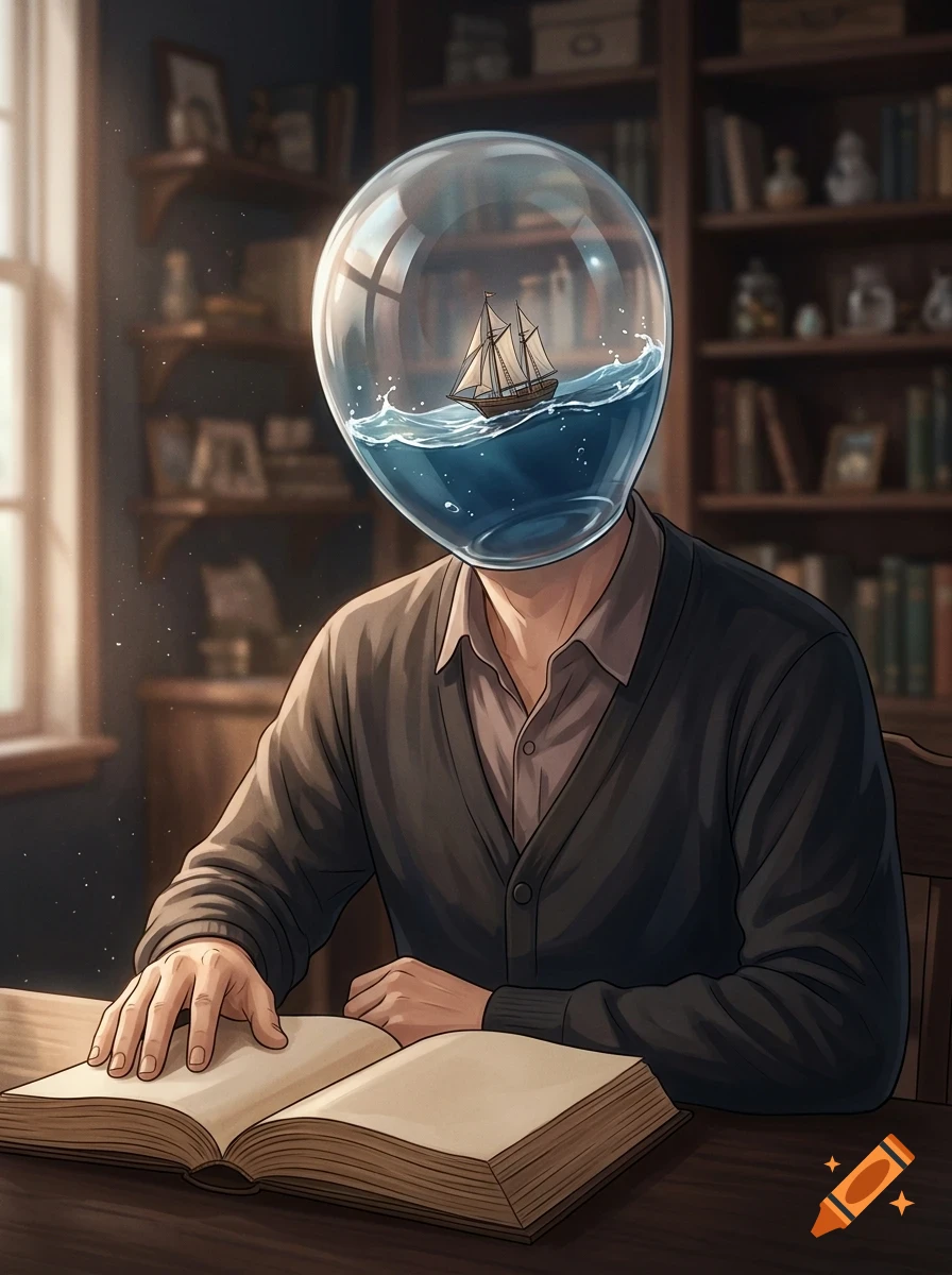 A surreal digital painting of a man sitting at a desk reading a book, with his head replaced by a glass bulb containing water and a sailing ship.