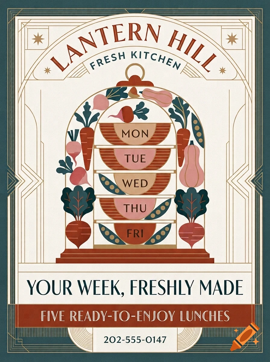 An illustrated poster for Lantern Hill Fresh Kitchen featuring five stacked meal bowls labeled Monday through Friday, surrounded by vegetables under a glass dome.