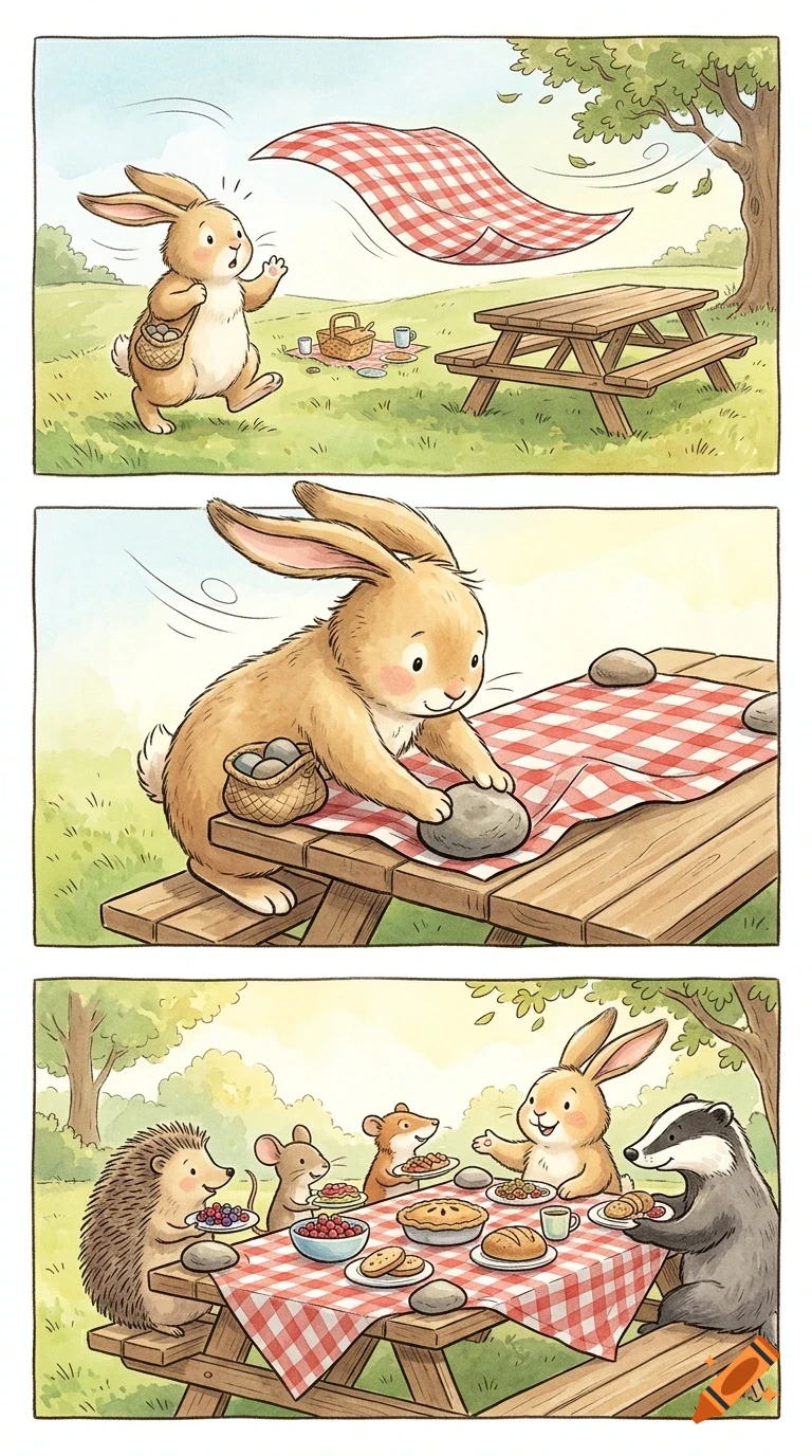 A three-panel comic strip showing a cartoon rabbit chasing a blown picnic blanket, weighing it down with stones, and then enjoying a picnic with animal friends.