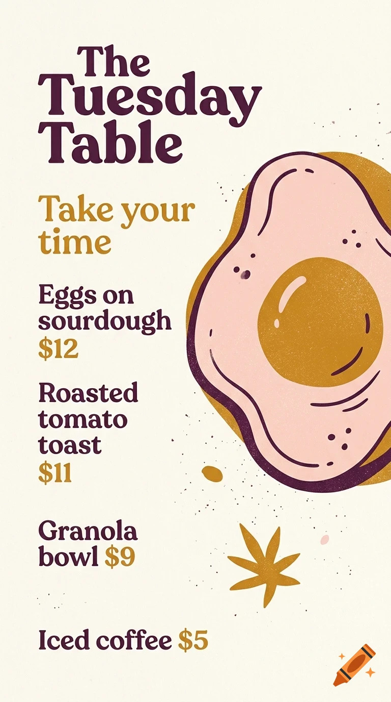 A menu graphic with the text 'The Tuesday Table', listing menu items and prices next to an illustration of an egg on toast.