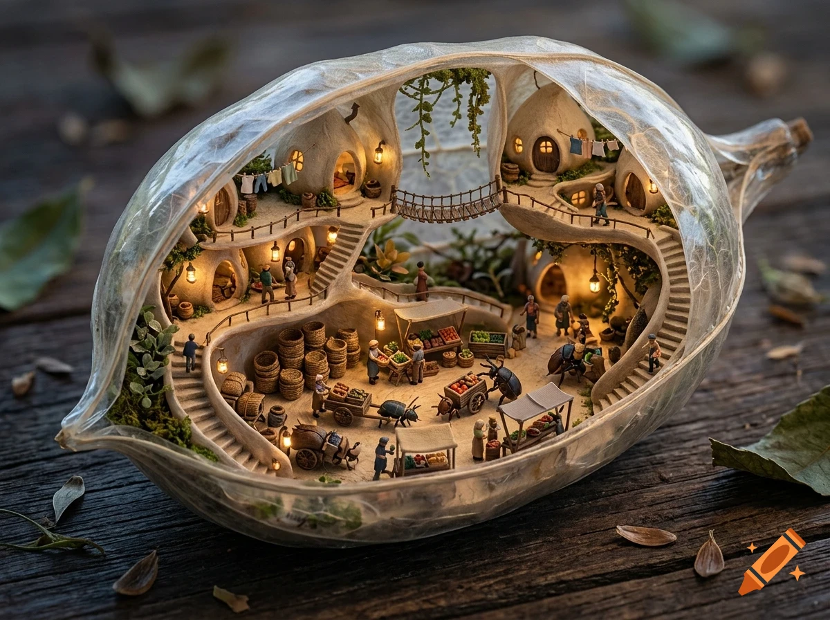 A miniature village built inside a hollowed-out seed pod, featuring tiny houses, stairs, bridges, and miniature figures engaged in a marketplace.