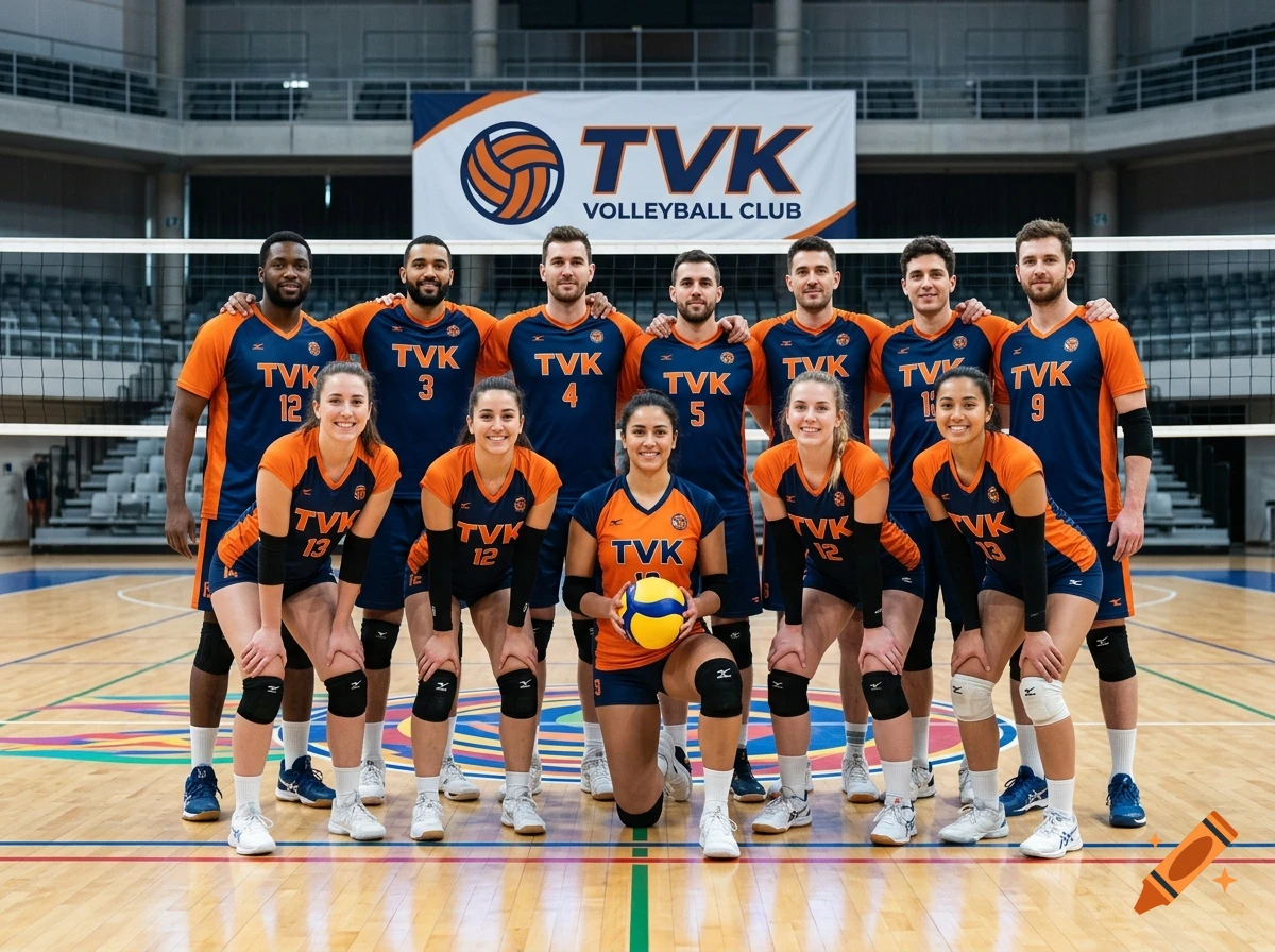 Photorealistic group portrait of a male and female volleyball team wearing blue and orange uniforms in an indoor arena.