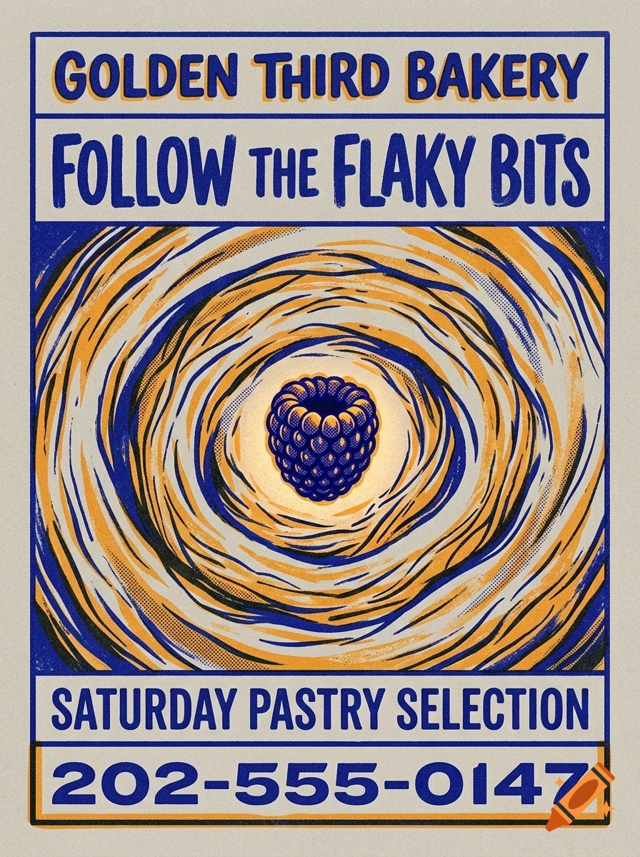A poster featuring a single raspberry centered inside a swirling pattern of blue and yellow lines, with bold lettering above and below.