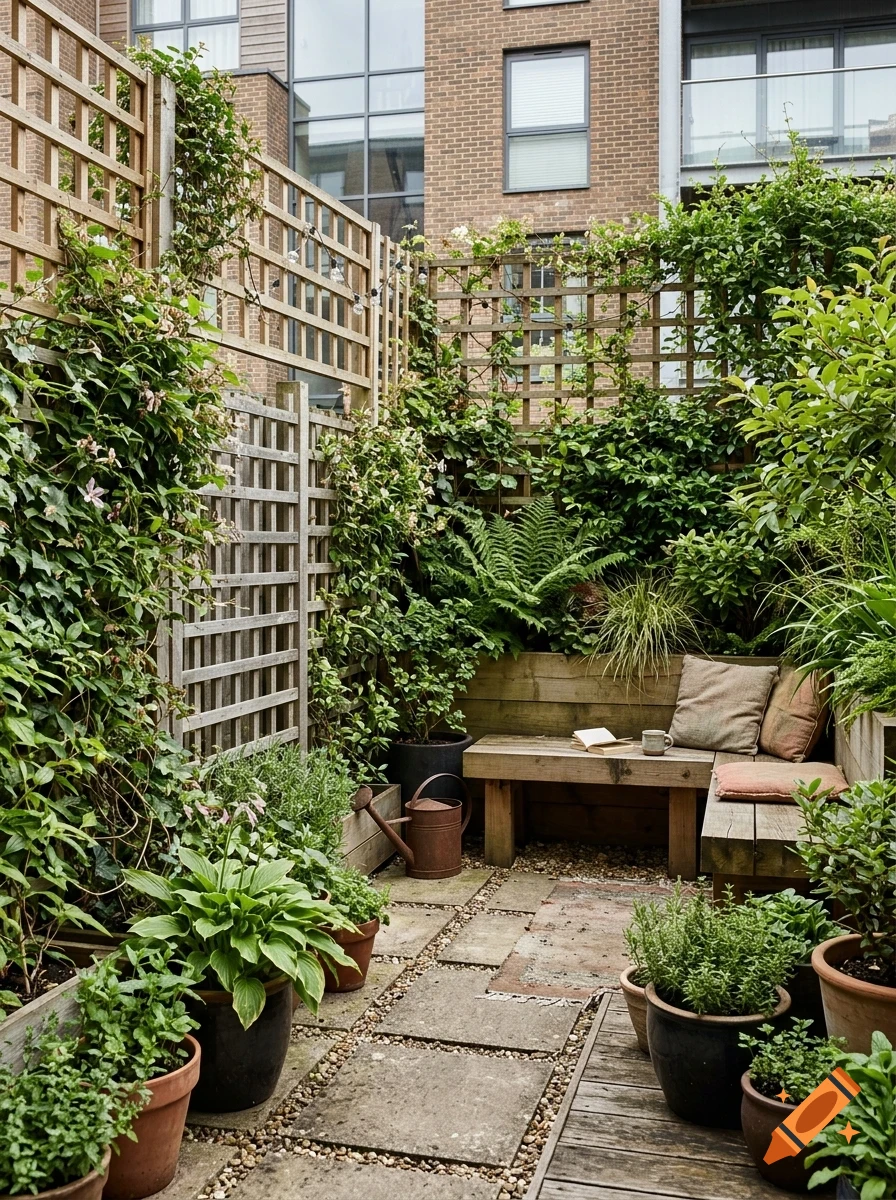 A small courtyard garden featuring a wooden bench, potted plants, climbing vines on trellises, and a paved stone floor against a brick building background.