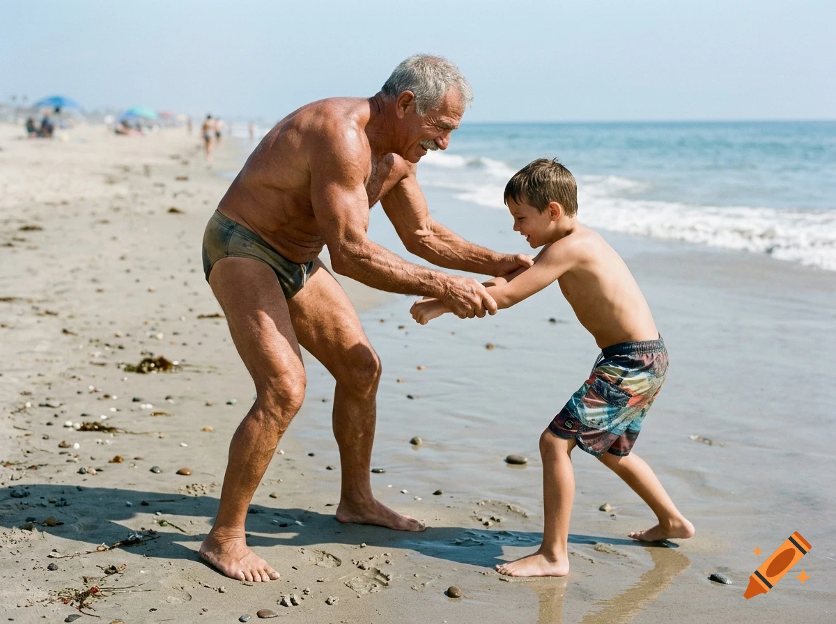 An older muscular man and a young boy wrestling on a sandy beach near the ocean under a clear sky.