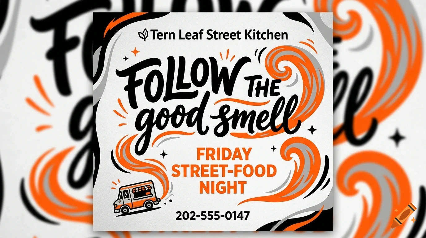 A poster with black and orange lettering saying FOLLOW THE good smell, Friday street-food night, and a small food truck graphic.