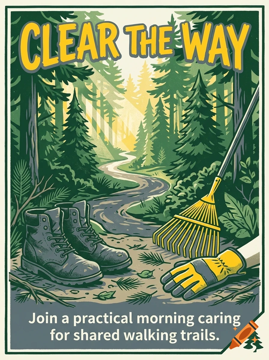 An illustrated poster showing a forest path with work boots, a rake, and the text CLEAR THE WAY.