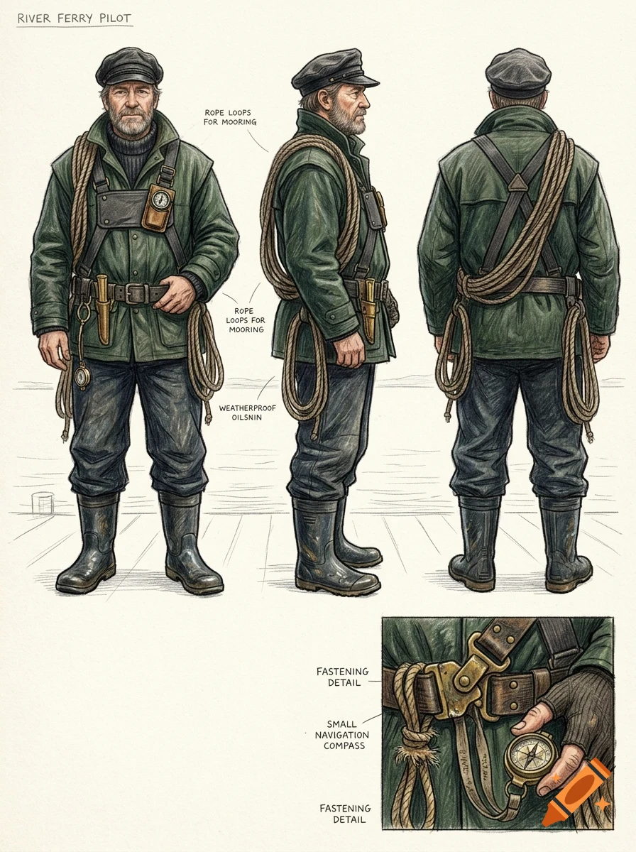 Character design sheet showing a river ferry pilot from three angles with equipment details and labels.