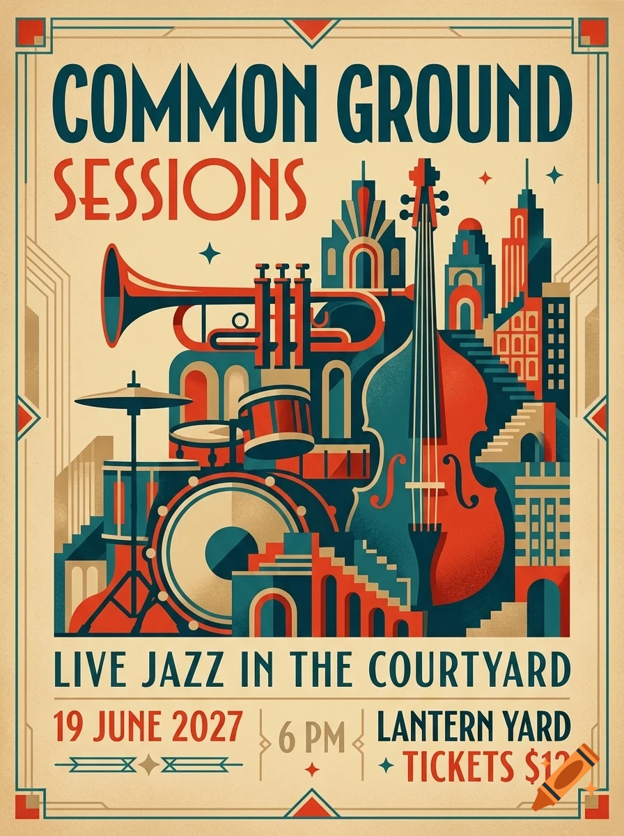 Vintage poster for Common Ground Sessions featuring a trumpet, drums, double bass, and a stylized city skyline in teal, red, and beige.