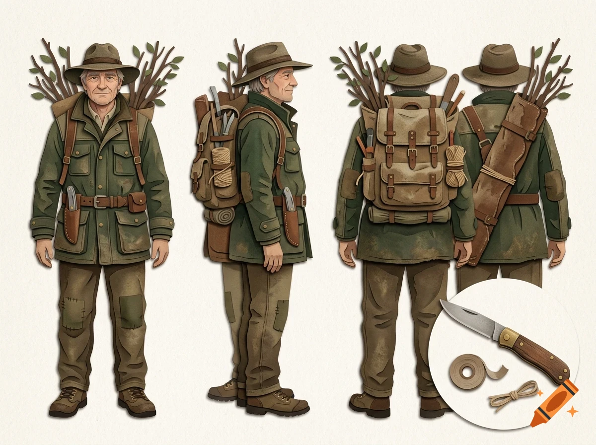 Character design sheet showing an elderly man in multiple views with a green jacket, hat, backpack, and tools, plus an inset of a pocket knife.