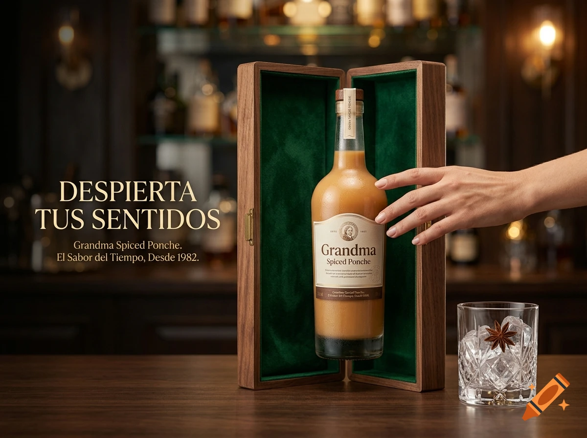 Professional product advertisement for Grandma Spiced Ponche featuring a bottle in a wooden case and a glass of ice with star anise.