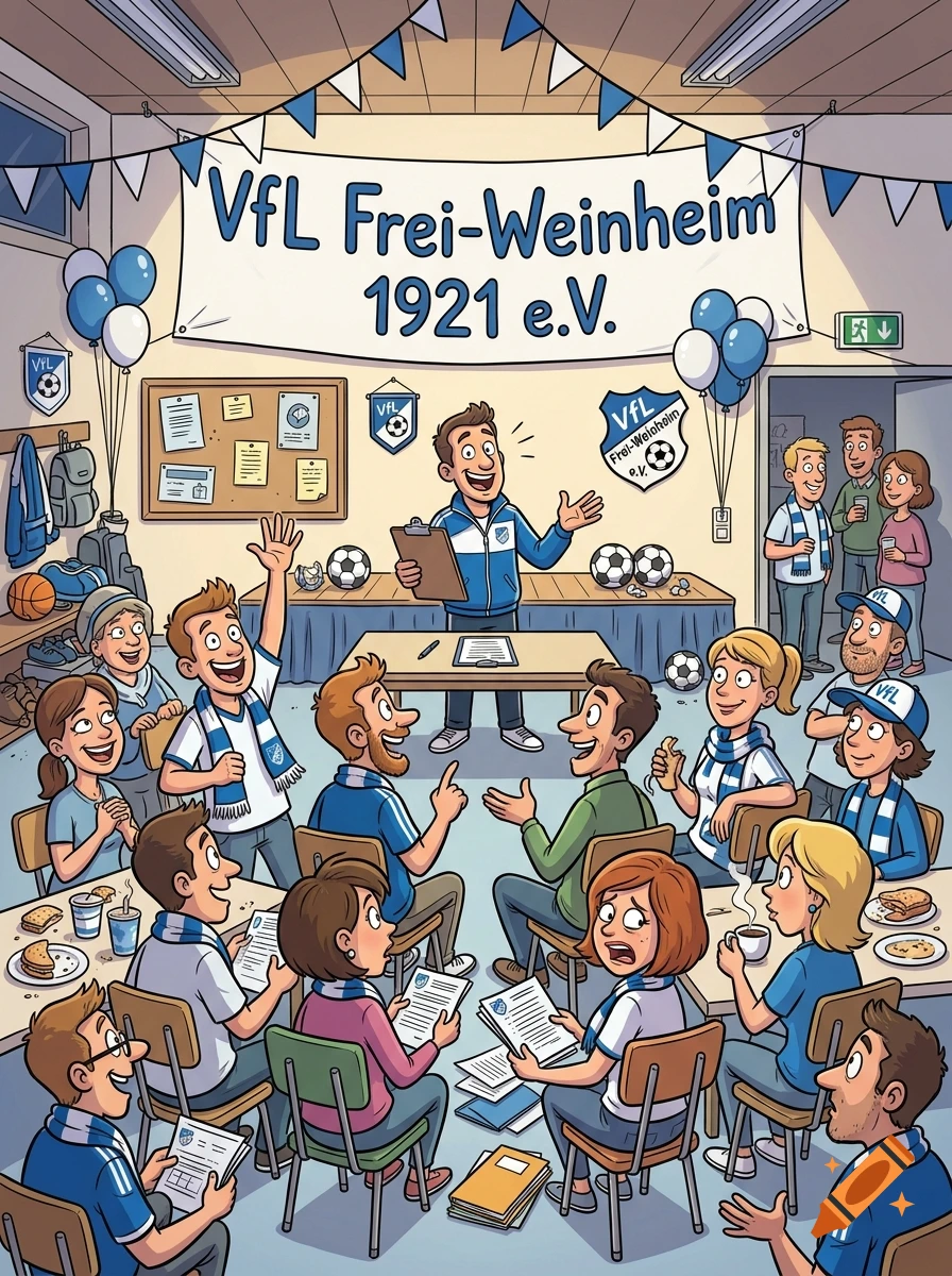 Cartoon illustration of a lively parents' meeting in a decorated clubhouse with blue and white banners and soccer theme.