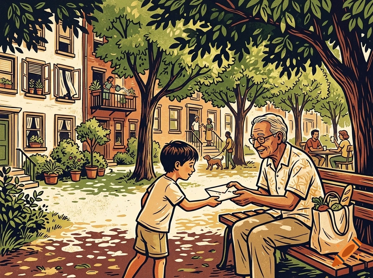 An illustration of a young boy handing a letter to an older man sitting on a park bench in a city street.