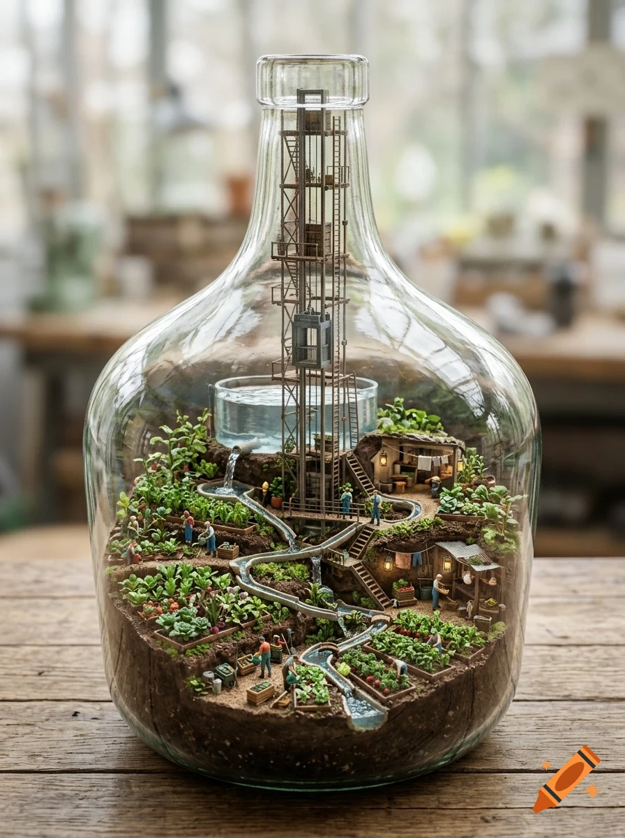 A detailed miniature farm with tiny figures, crops, a water system, and a tower enclosed inside a large glass bottle.