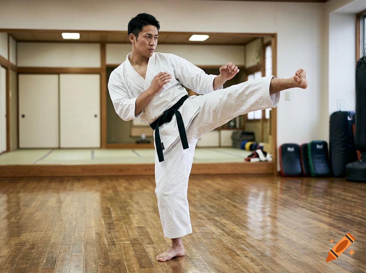 A martial artist practicing a side kick in a dojo with wooden floors and tatami mats, photorealistic.