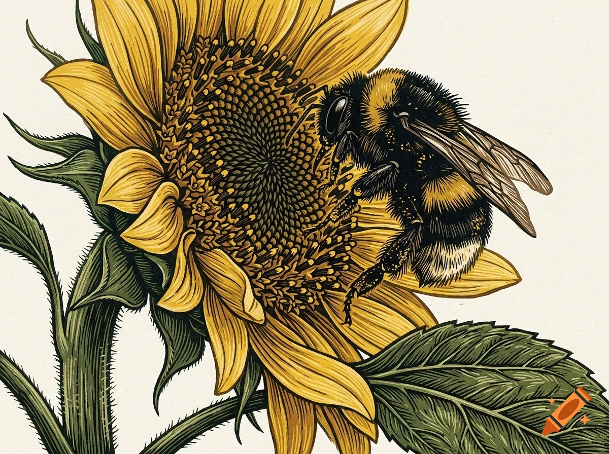 An illustrated close-up of a fuzzy bumblebee pollinating a yellow sunflower.