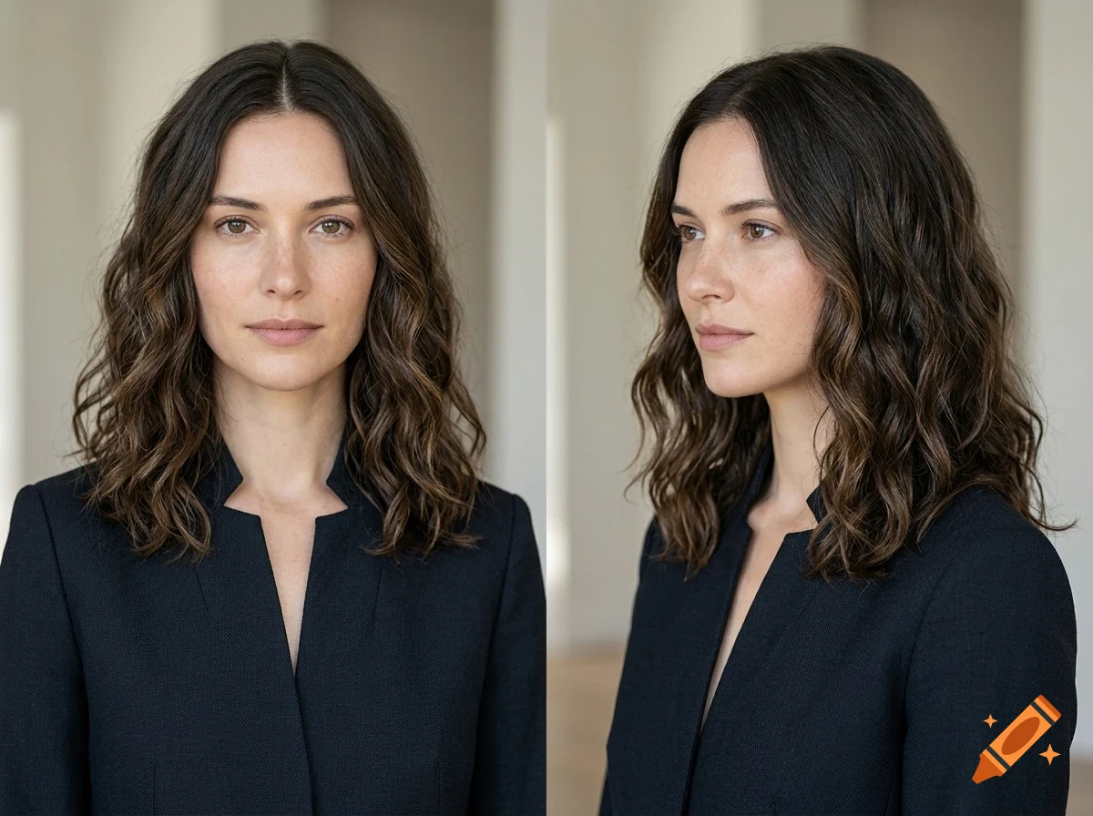 Front and side profile portraits of a woman with medium-length dark wavy hair wearing a black jacket.