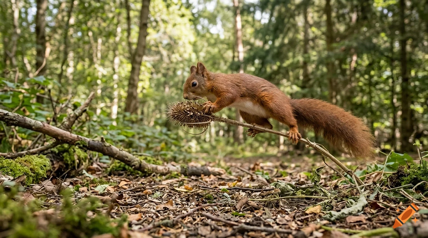 A red squirrel balances on a branch in a forest.