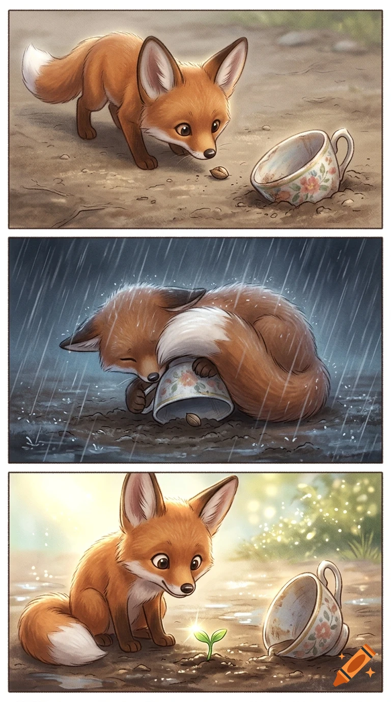 A three-panel illustration showing a little fox finding a seed near a teacup, sheltering it in the rain, and watching a new sprout grow.