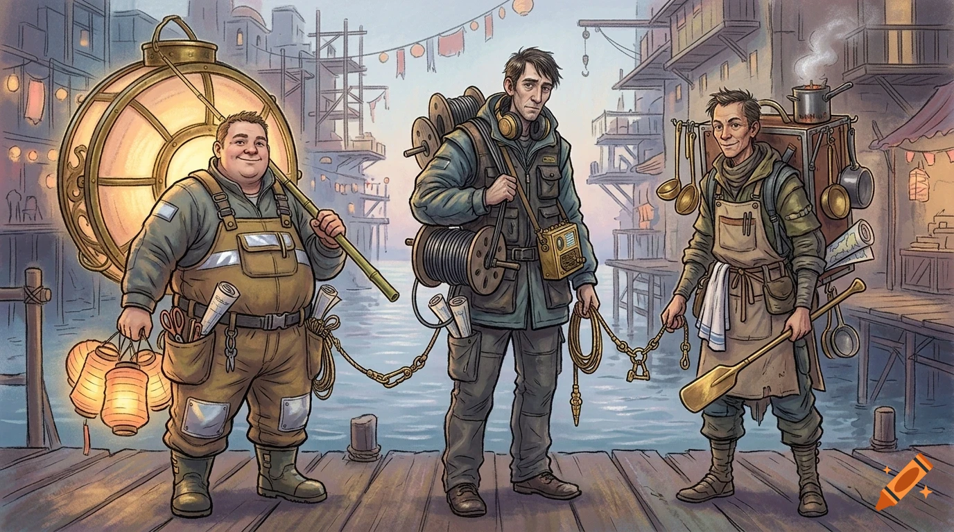 Three workers in utility gear stand on a wooden dock in a harbor town, carrying large lamps, cables, and kitchenware.