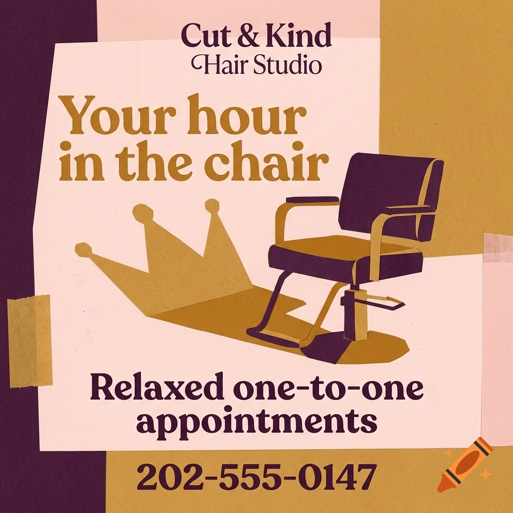 An advertisement for Cut & Kind Hair Studio featuring a salon chair casting a crown-shaped shadow.