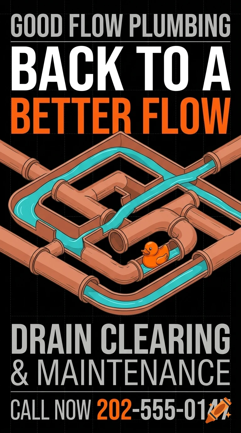 An advertisement for Good Flow Plumbing showing a maze of pipes with flowing water and a rubber duck, featuring text for drain clearing and maintenance.