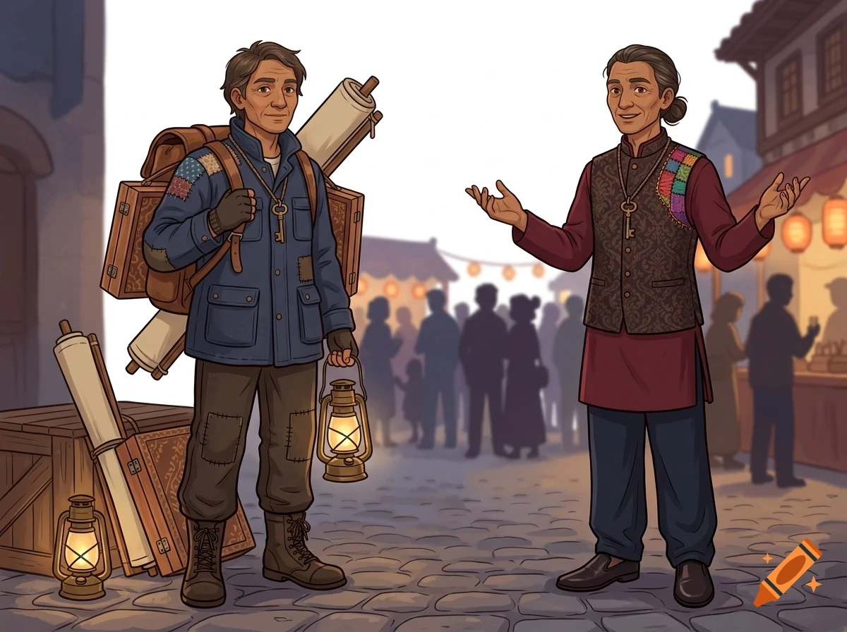 Illustration of two men standing in a crowded cobblestone marketplace at dusk, one holding a lantern and carrying a backpack with rolled scrolls.