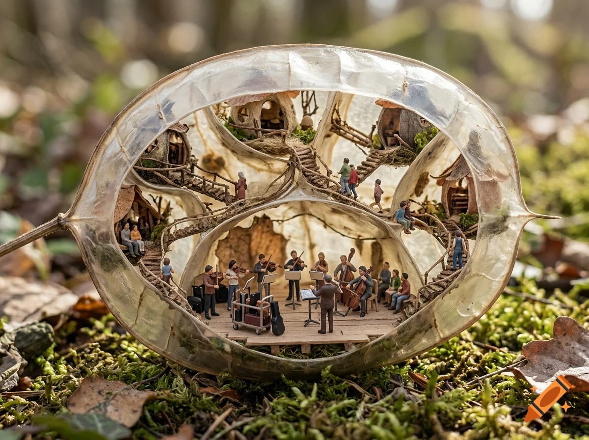 Miniature orchestra and tiny village built inside a translucent seed pod resting on mossy ground.