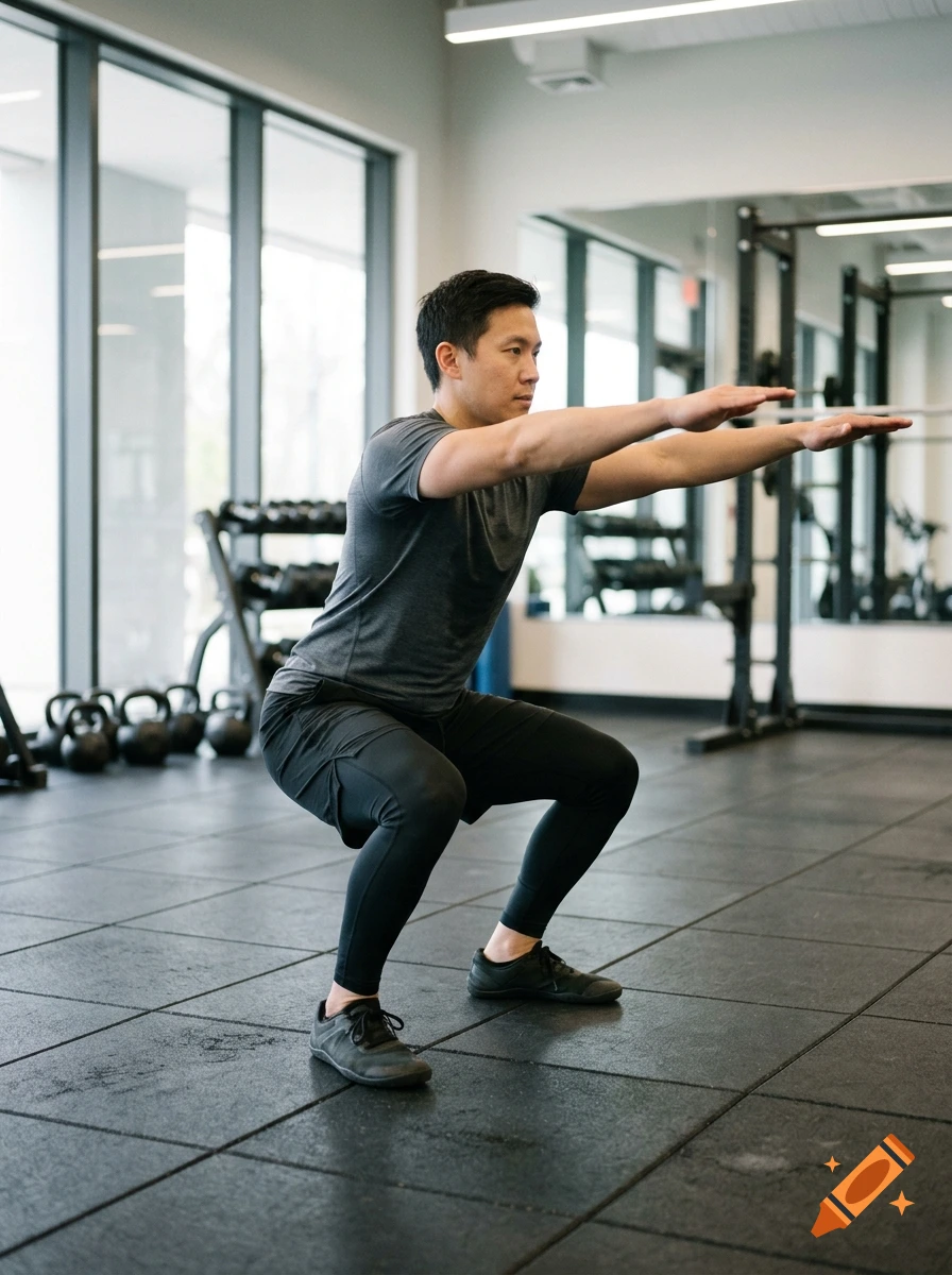A man in a grey t-shirt and black athletic wear performing a squat in a gym with large windows and weights in the background, photorealistic.