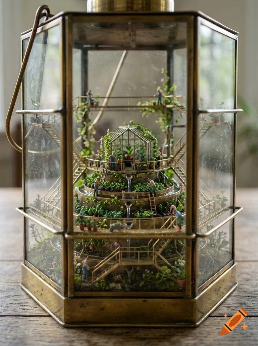 A miniature tiered greenhouse and garden contained inside a tall, hexagonal brass lantern with glass panels.
