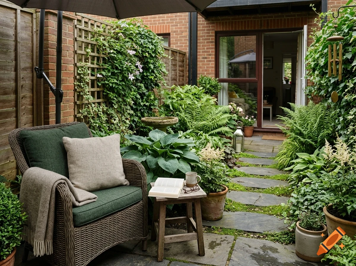 A cozy backyard patio with lush green plants, a stone pathway, and an armchair with a throw blanket and pillows.