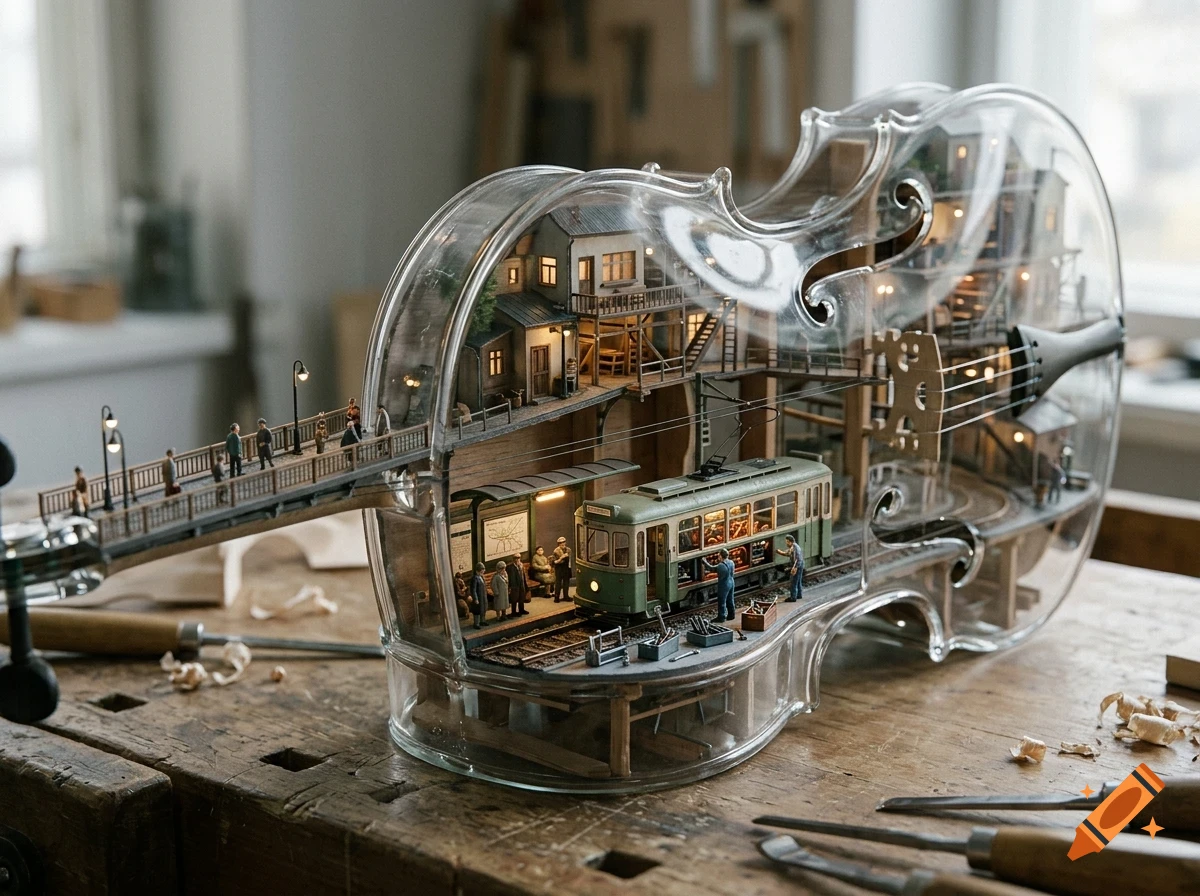 A miniature world built inside a transparent hollow violin placed on a wooden workbench, featuring a tram station, small houses, figures, and a bridge.