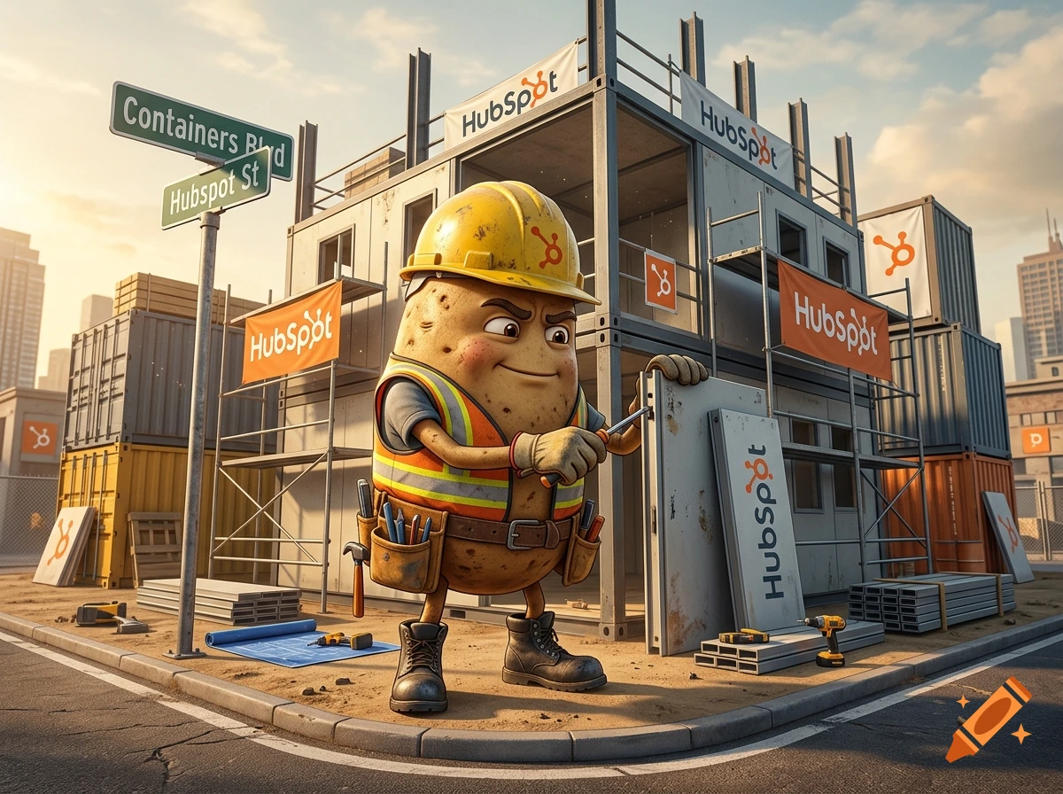 A anthropomorphic potato construction worker in a hard hat and vest working on a prefab building with HubSpot logos.