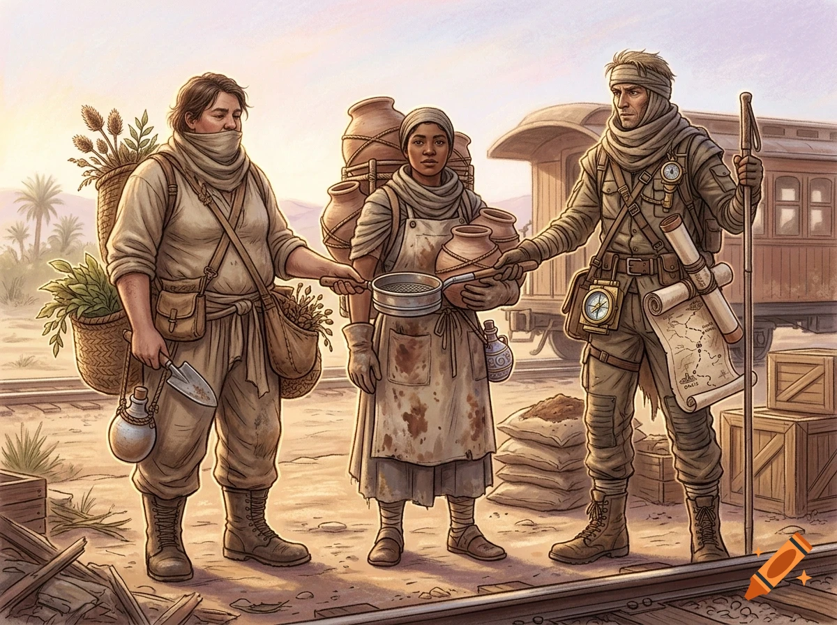 Three travelers equipped for an expedition stand near a train car in a desert landscape.