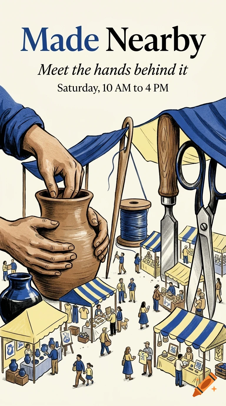 An illustrated poster with the text 'Made Nearby' showing an overhead scene of a craft market with people, stalls, giant tools, and hands shaping pottery.