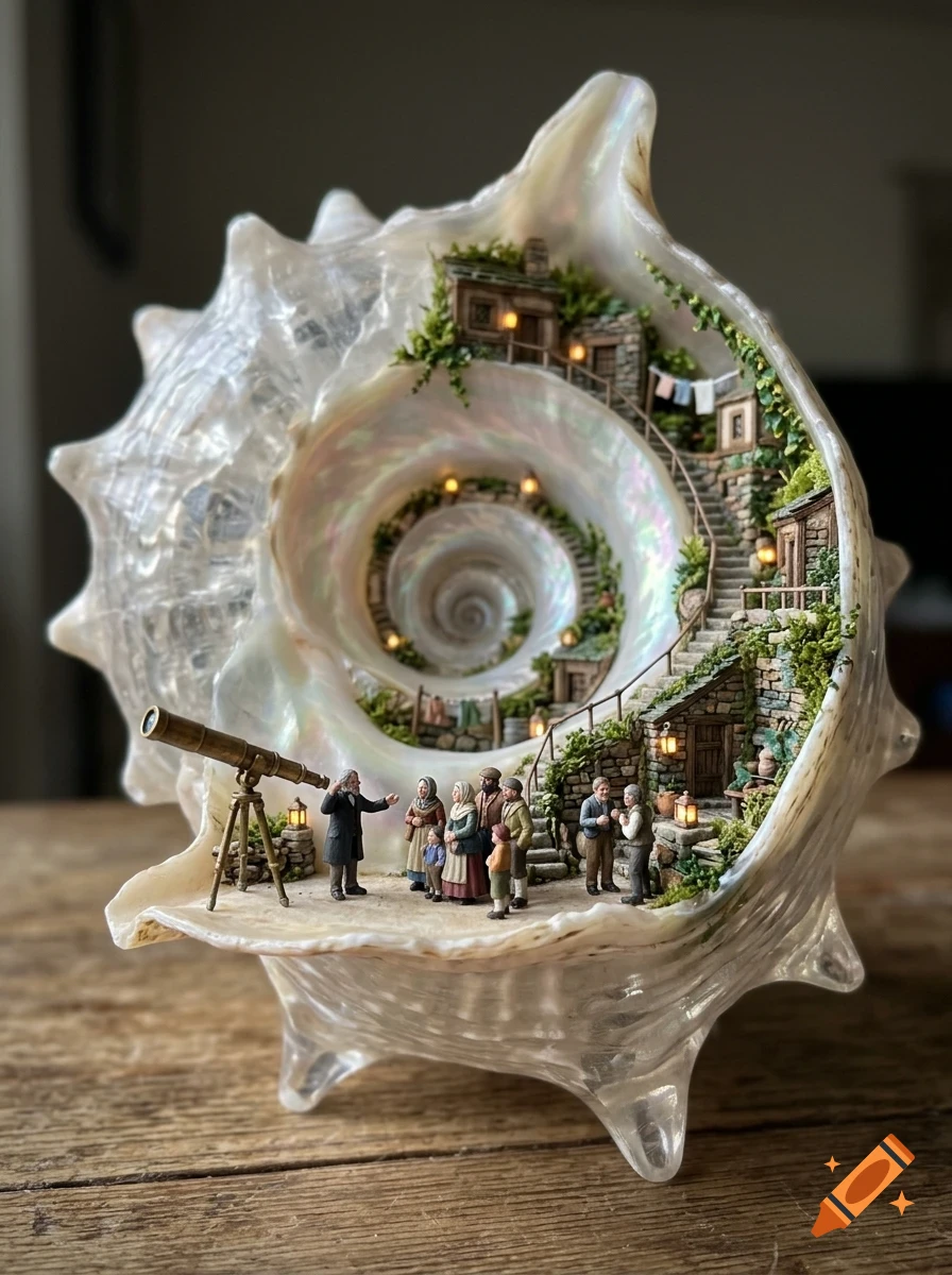 A detailed miniature village built inside a large iridescent seashell, featuring tiny houses, staircases, and figurines gathered near a telescope.