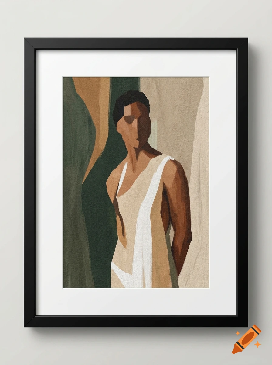Abstract painting of a figure in a white dress inside a black picture frame.