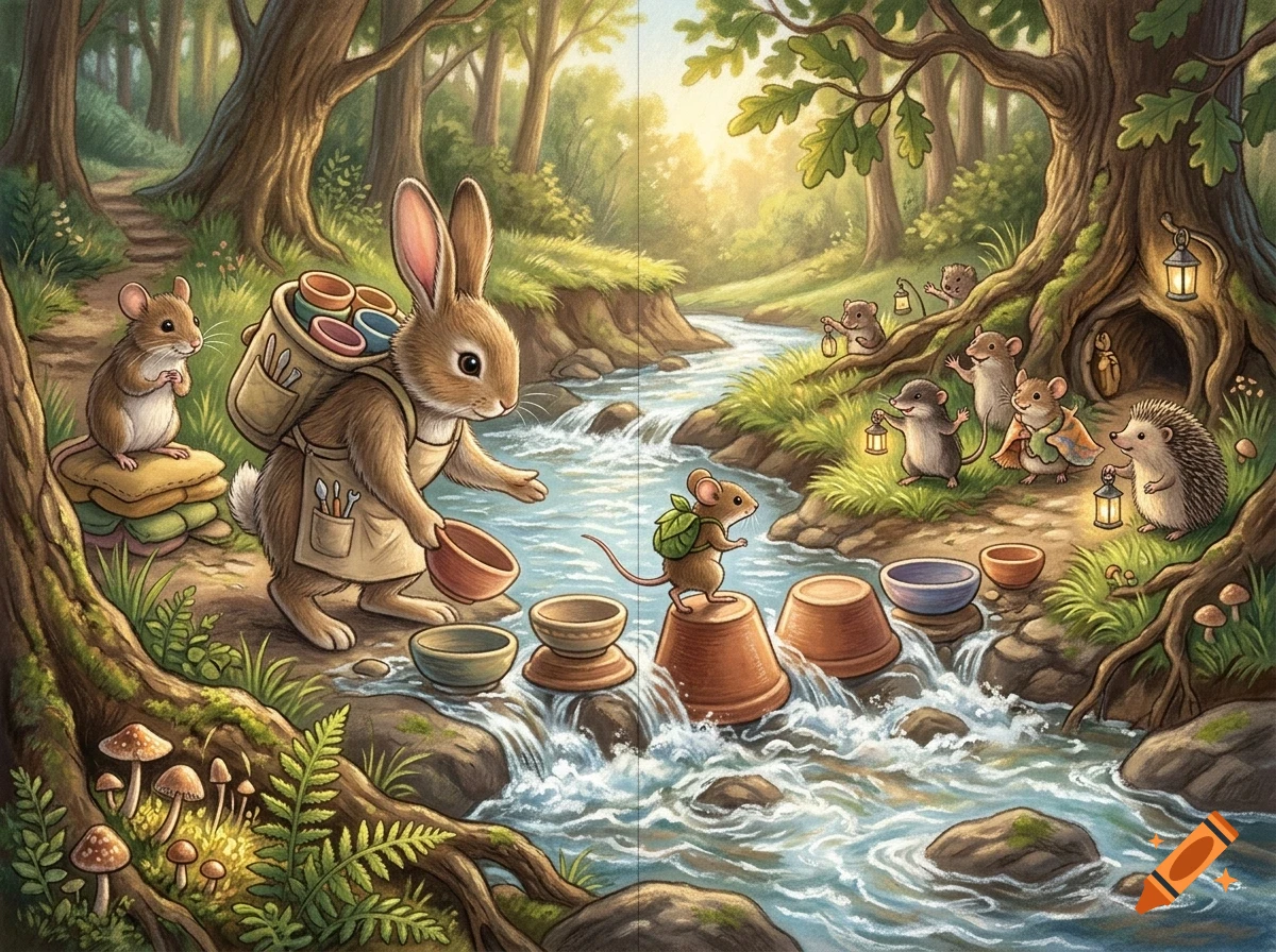 An anthropomorphic rabbit carrying bowls meets mice and a hedgehog near a forest stream.