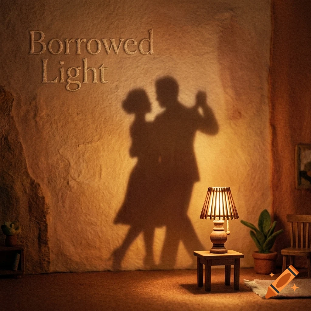 Shadows of two people dancing on a textured wall, illuminated by a small wooden table lamp, with the text Borrowed Light visible in the upper left.
