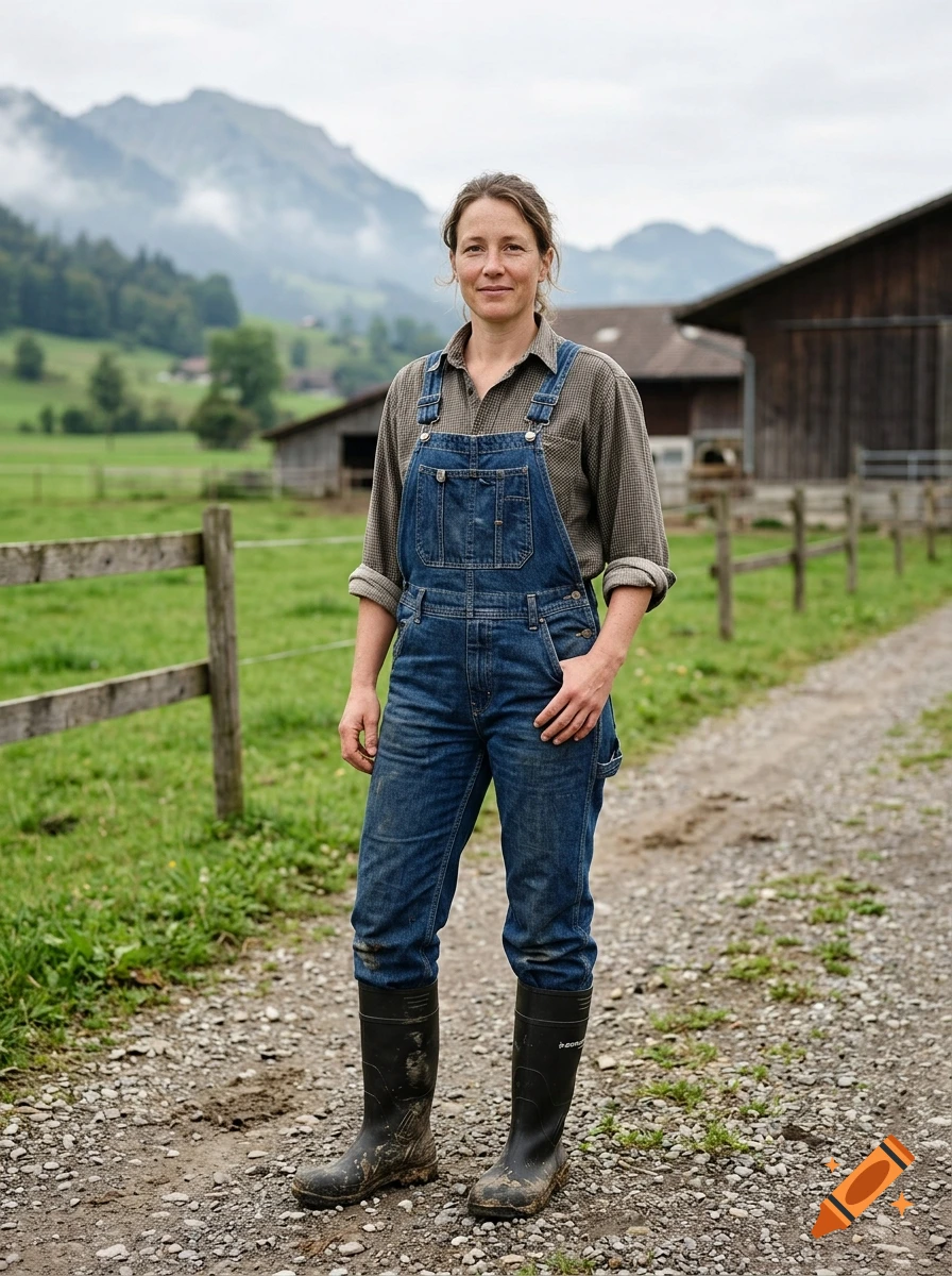 Photorealistic full-body portrait of a smiling woman wearing denim overalls and muddy black rubber boots on a farm path.