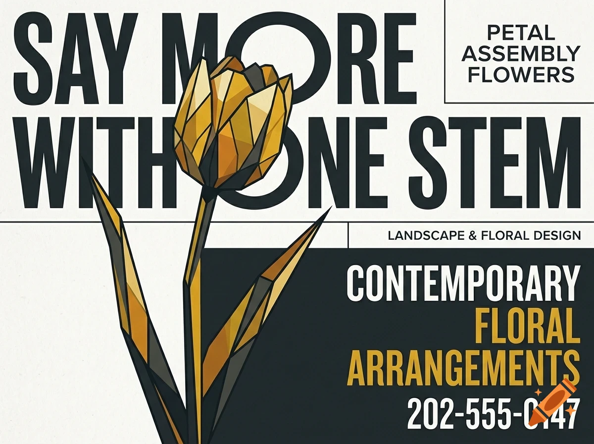 A poster featuring a stylized, geometric gold and black tulip illustration with the text "SAY MORE WITH ONE STEM".